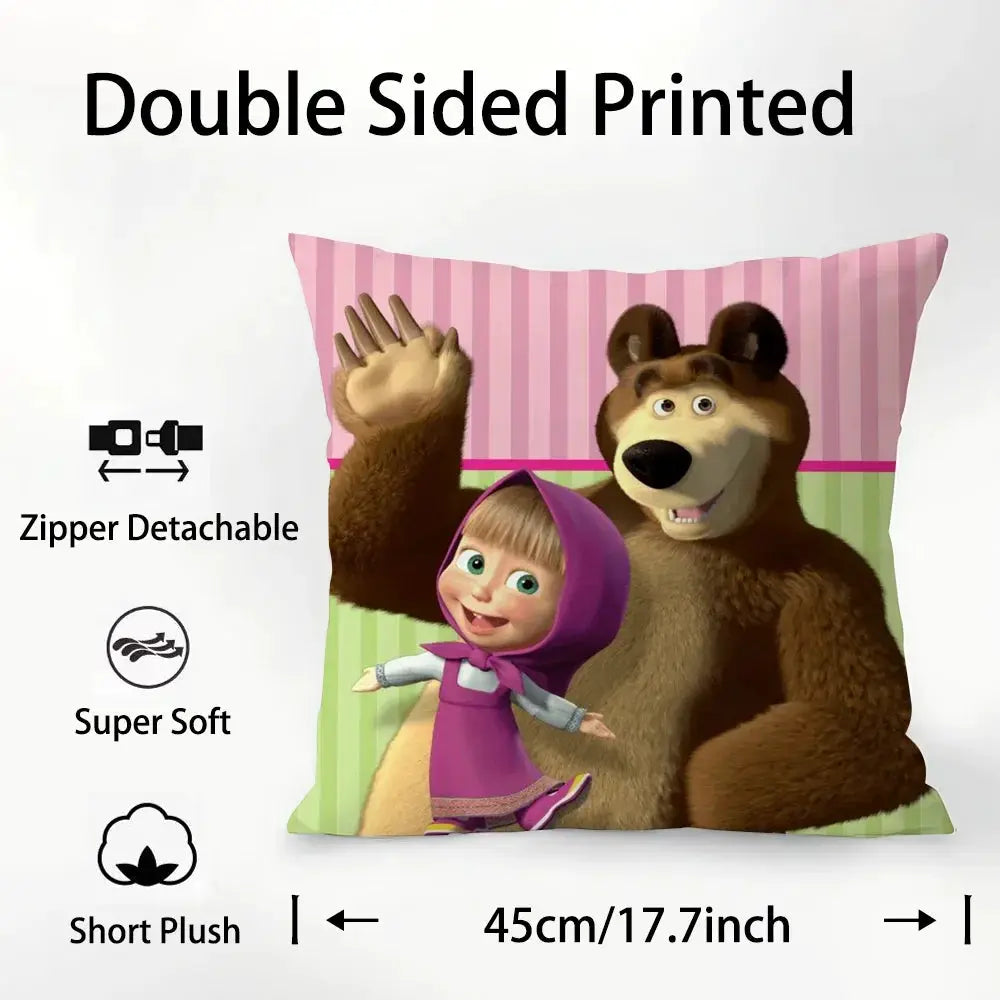 Pillow case Simples Market M-Masha and B-Bears, double-sided plush print with pink/green stripes, 45cm