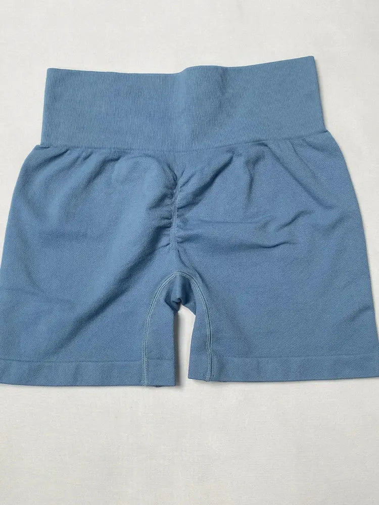 Simples Market women's yoga shorts, blue high-waisted athletic shorts with a wide ribbed waistband