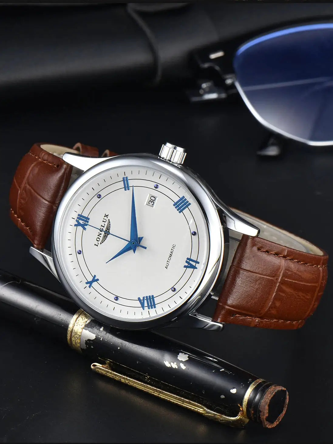 LONGLUX automatic men's watch with blue hands, white dial and brown leather strap