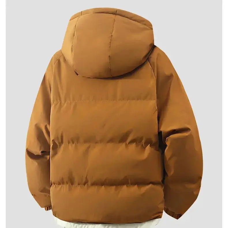 Men's brown hooded down jacket by Simples Market, winter puffer coat (back view)