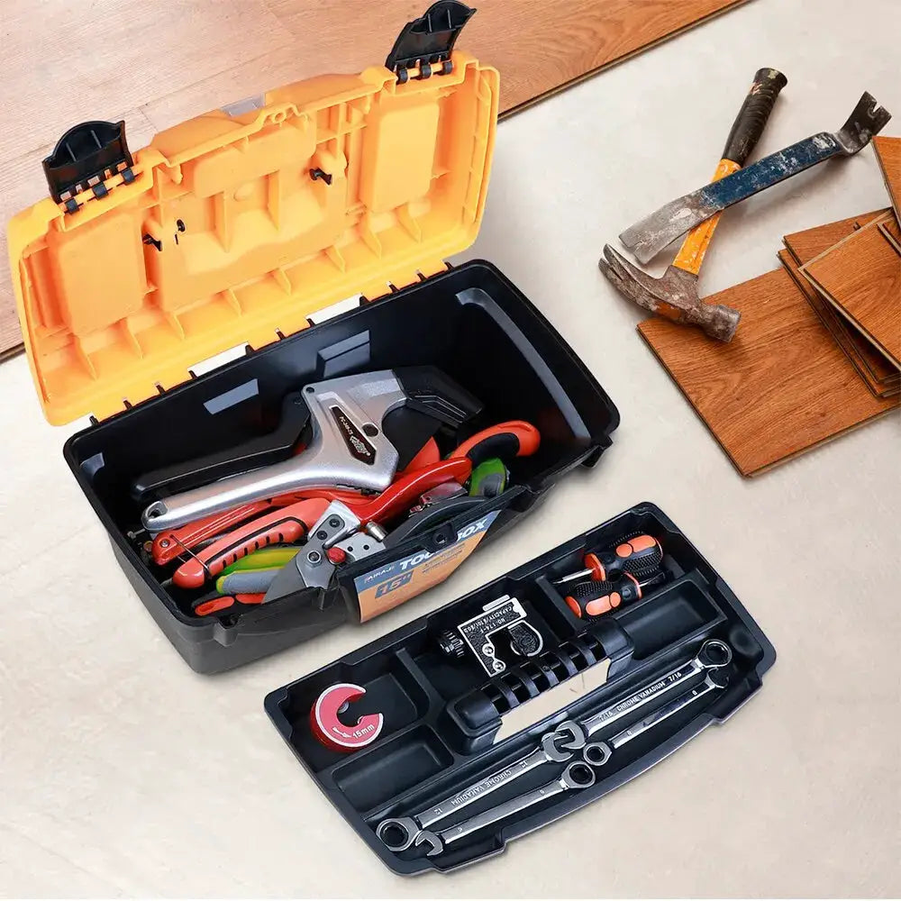 Airaj 15/12 Inch plastic toolbox set in yellow and black with hammer, pliers, wrenches; includes a small tool tray.