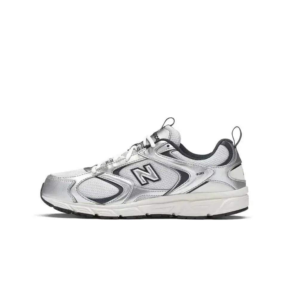 New Balance 408 unisex low-top running sneakers in silver/white with breathable mesh upper and NB logo