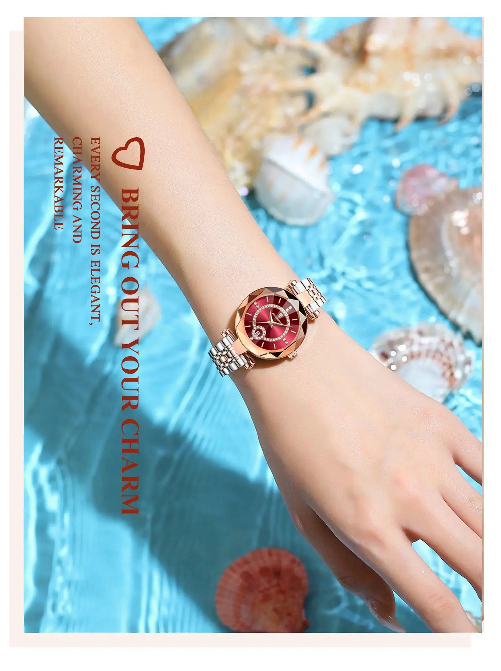 POEDAGAR women's wristwatch with rose-gold and silver stainless steel band and red dial.