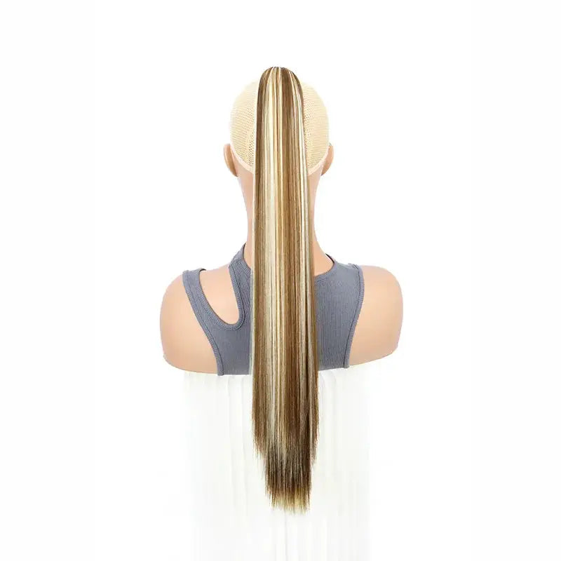 24-inch clip-on ponytail hair extension, synthetic straight, blonde with darker roots