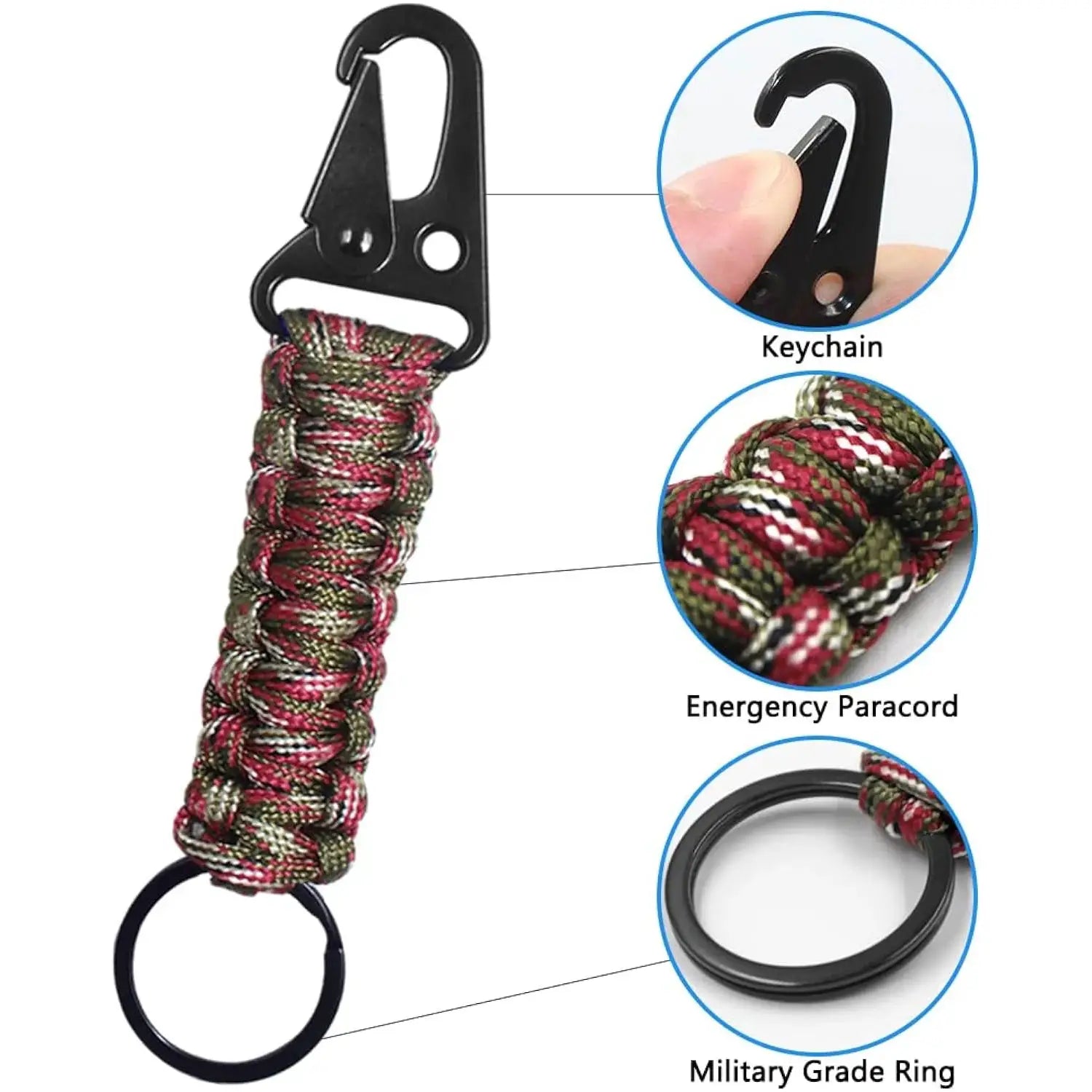Simples Market paracord keychain with camouflage braided rope, metal carabiner bottle opener and military-grade ring