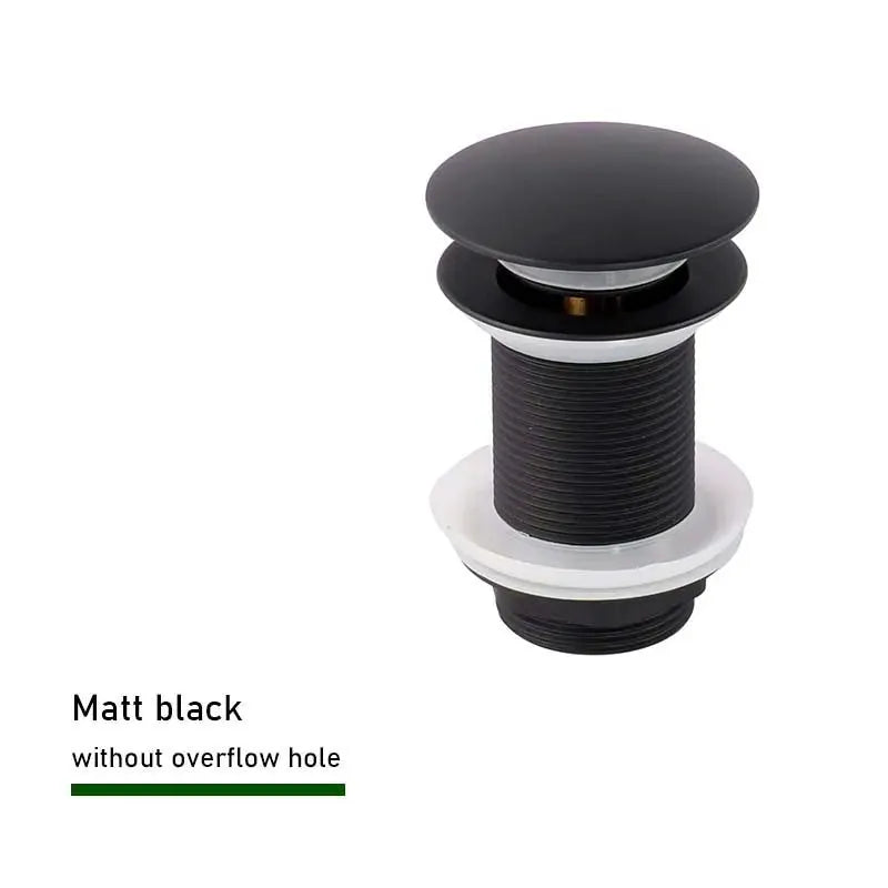 Push-down pop-up drain stopper for bathroom sink, matte black, by Simples Market.