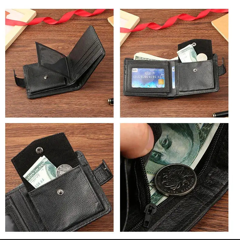 Men's black leather slim bifold wallet with card slots, ID window and coin pouch
