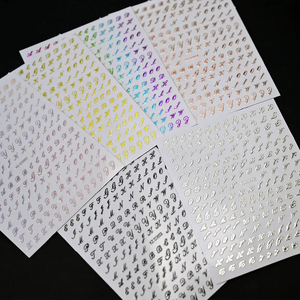 3D Roman letter nail stickers by Simples Market, 8 sheets in gold, silver, black, holographic finishes