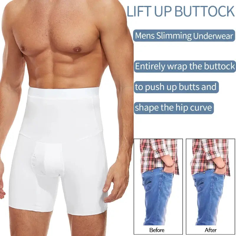 Men's white body shaper compression shorts by Simples Market with tummy control; two panels show before and after.