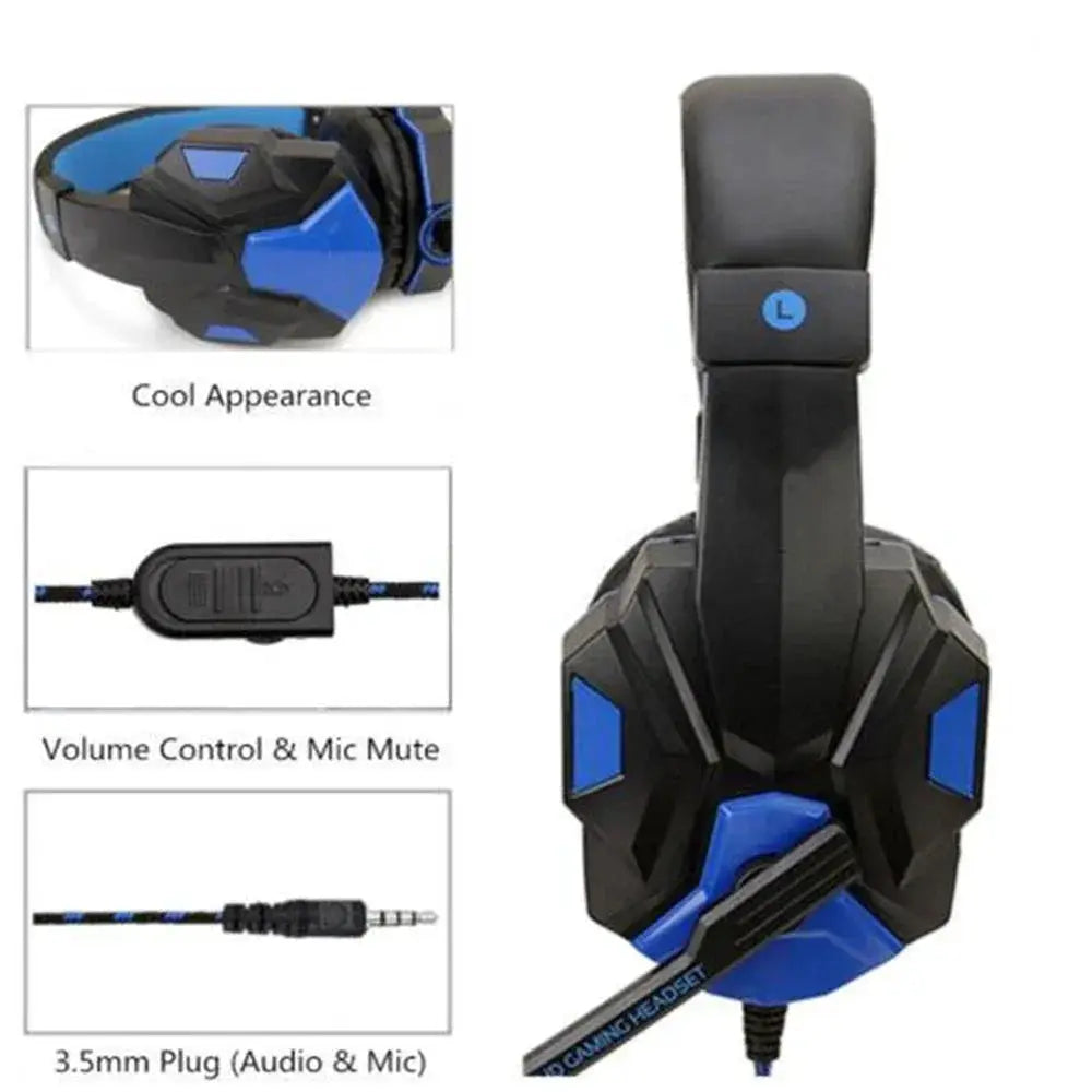 Simples Market wired gaming headset with mic, black with blue accents, 3.5mm plug