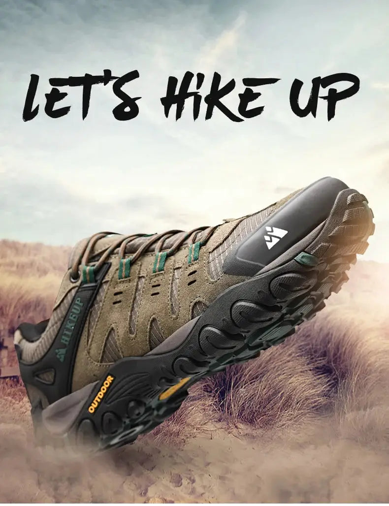 HIKEUP men's suede leather hiking shoes with olive-brown upper and rugged black outsole