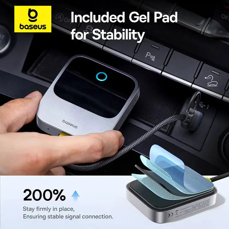 Baseus wireless CarPlay adapter in silver with braided cable and blue ring indicator