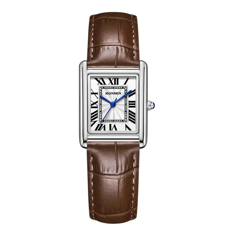 Rectangular silver wristwatch with brown stitched leather strap, blue hands, Roman numerals, HONMIN on dial