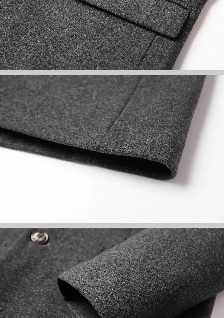 Men's grey wool trench coat by Simples Market, business casual, close-up fabric texture, cuff and button details