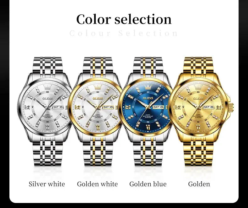 OLEVS 3620 men's luxury quartz watch with stainless steel bracelet in silver white, golden white, golden blue, golden.