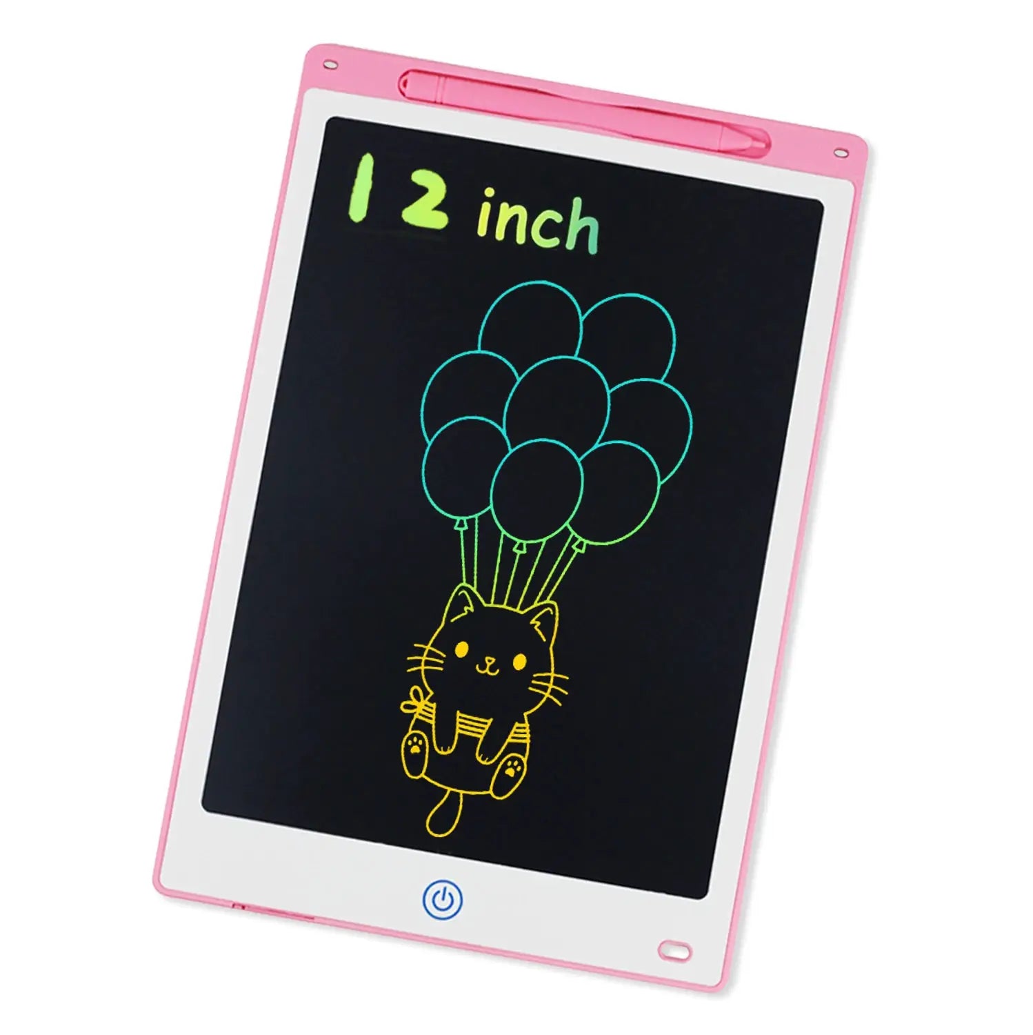 Simples Market LCD writing tablet for kids, pink frame with stylus, 8.5/10/12in, cat with balloons drawing