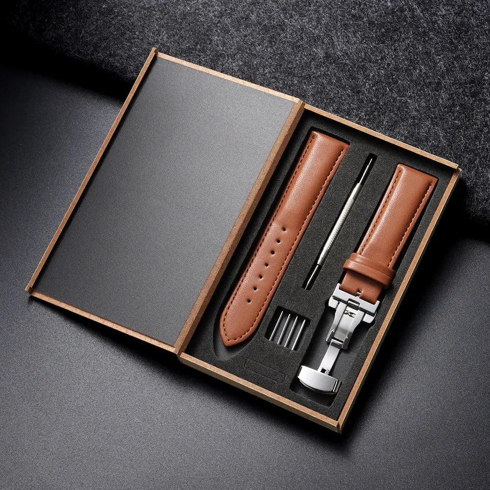 Genuine Leather Watchband 14 16 18 20 22 24mm With Automatic Butterfly Buckle For Men And Women Gift Box