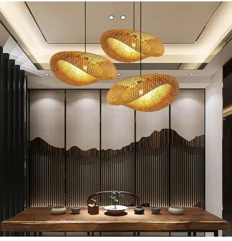 Bamboo-woven LED pendant lights (3), handmade vintage chandelier for dining and living rooms, Simples Market 40–80cm