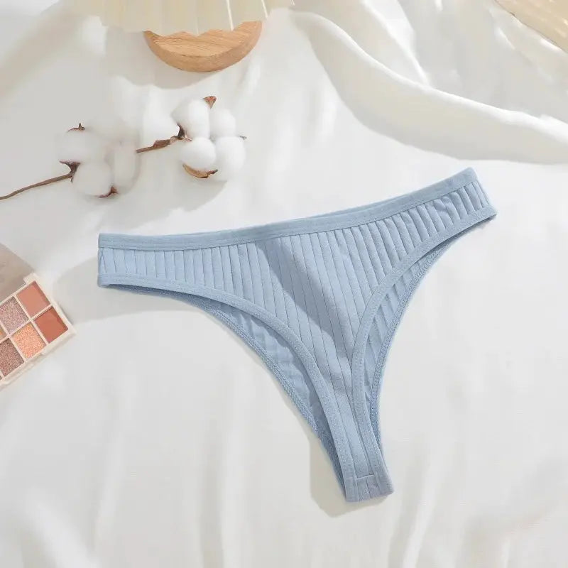 Cotton ribbed thong underwear for women, powder-blue, low-rise.