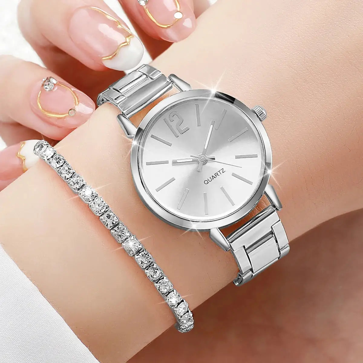 6-piece Simples Market women's quartz watch set with silver stainless-steel band and diamond bracelet