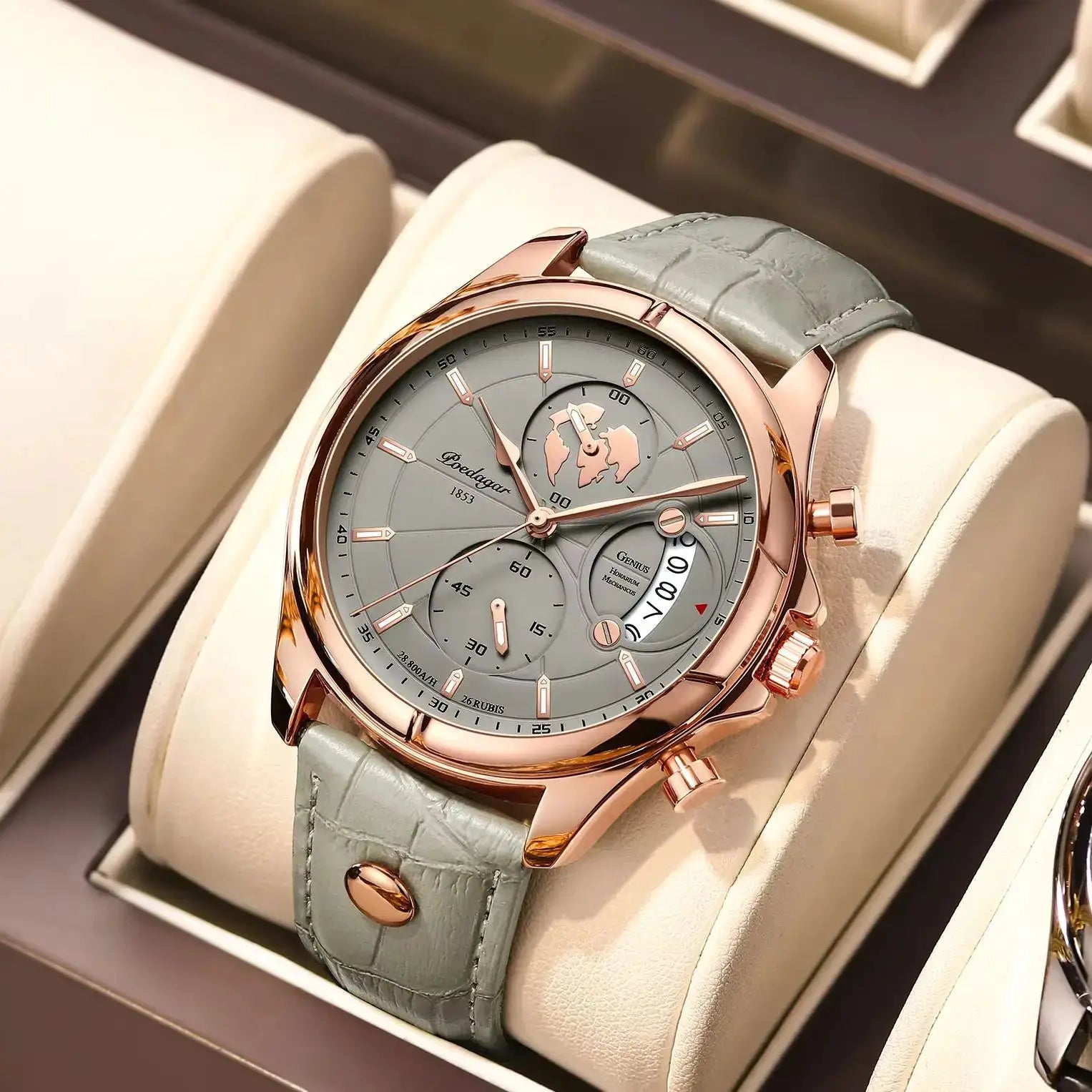 POEDAGAR men's chronograph watch by Simples Market; rose-gold case, gray dial with date, gray leather strap