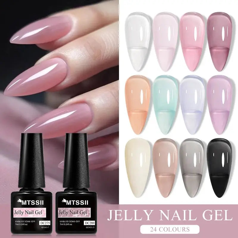 MTSSII Jelly Nail Gel set by Simples Market, 24-colour UV gel polishes for nails in pink, peach, pastels and black.