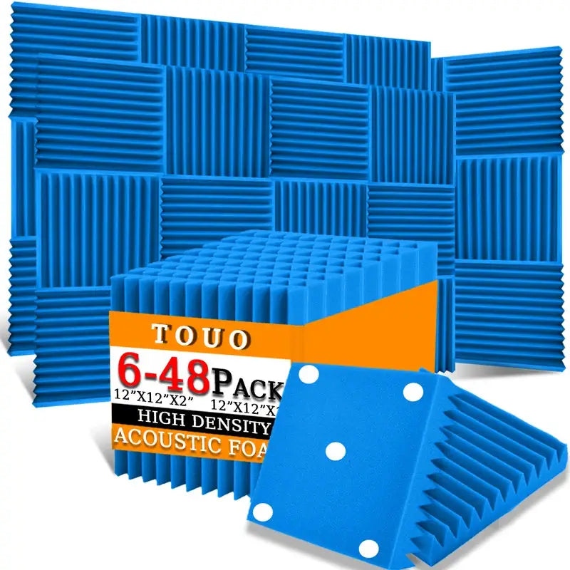 TOUO blue high-density acoustic foam panels, 6-48 pack for studio soundproofing