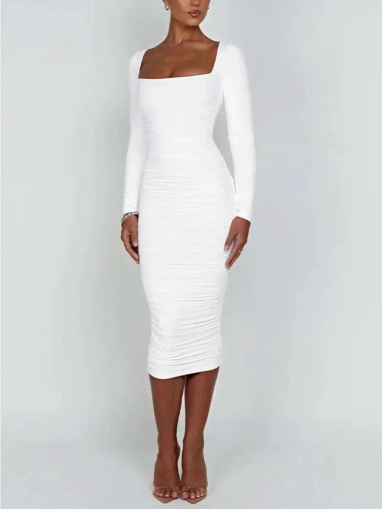 Autumn Winter Women Bodycon Dress Square Neck Long Sleeve Evening