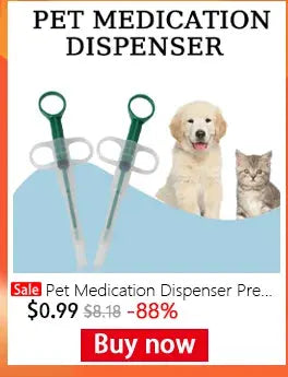 Pet medication dispenser set with two green-handled dispensers and a dog and cat.