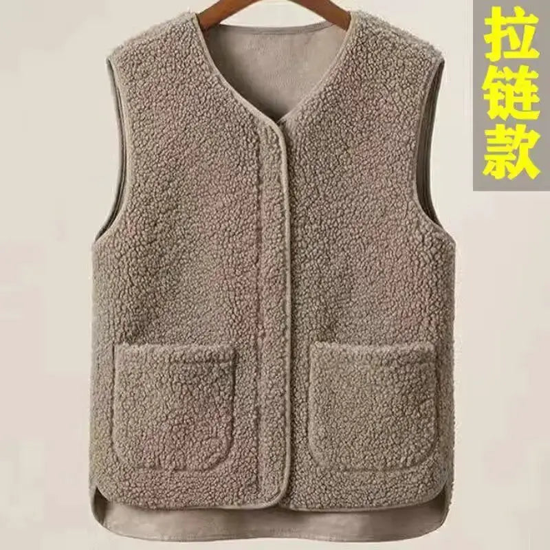 Men's lamb fleece sleeveless vest with zipper, taupe-brown, warm winter outerwear