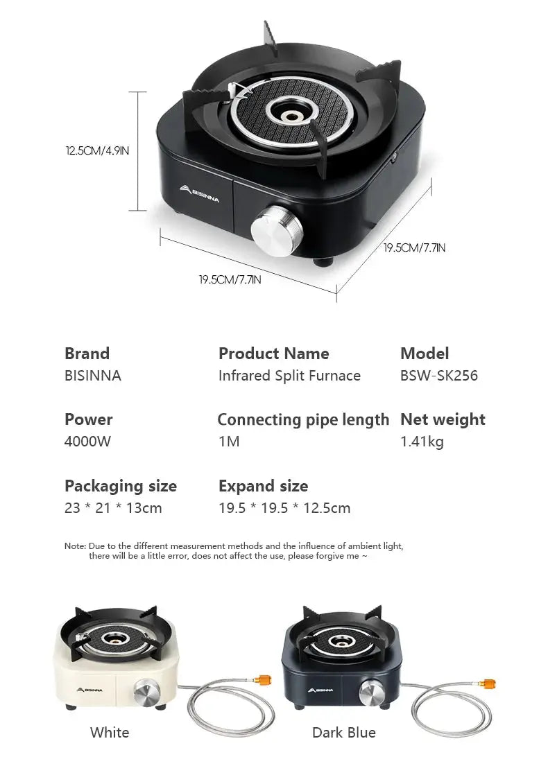 BISINNA 4000W infrared stove portable gas burner, black with silver knob; white and dark blue colors shown.