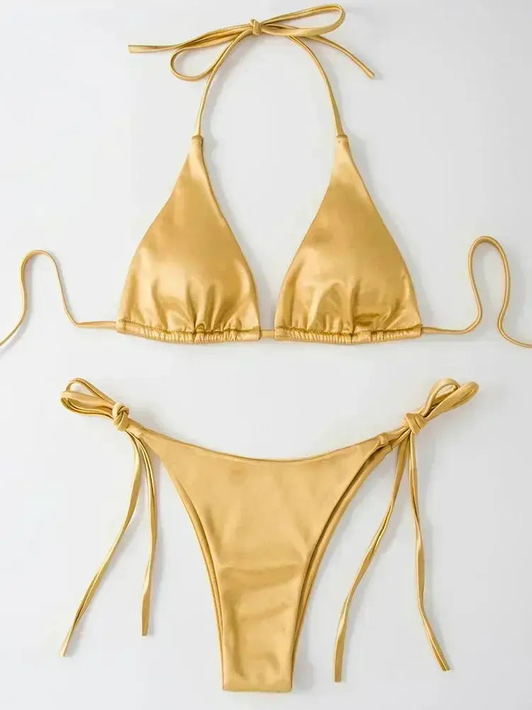 Bikini set: gold metallic satin two-piece with halter triangle top and high-cut bottoms