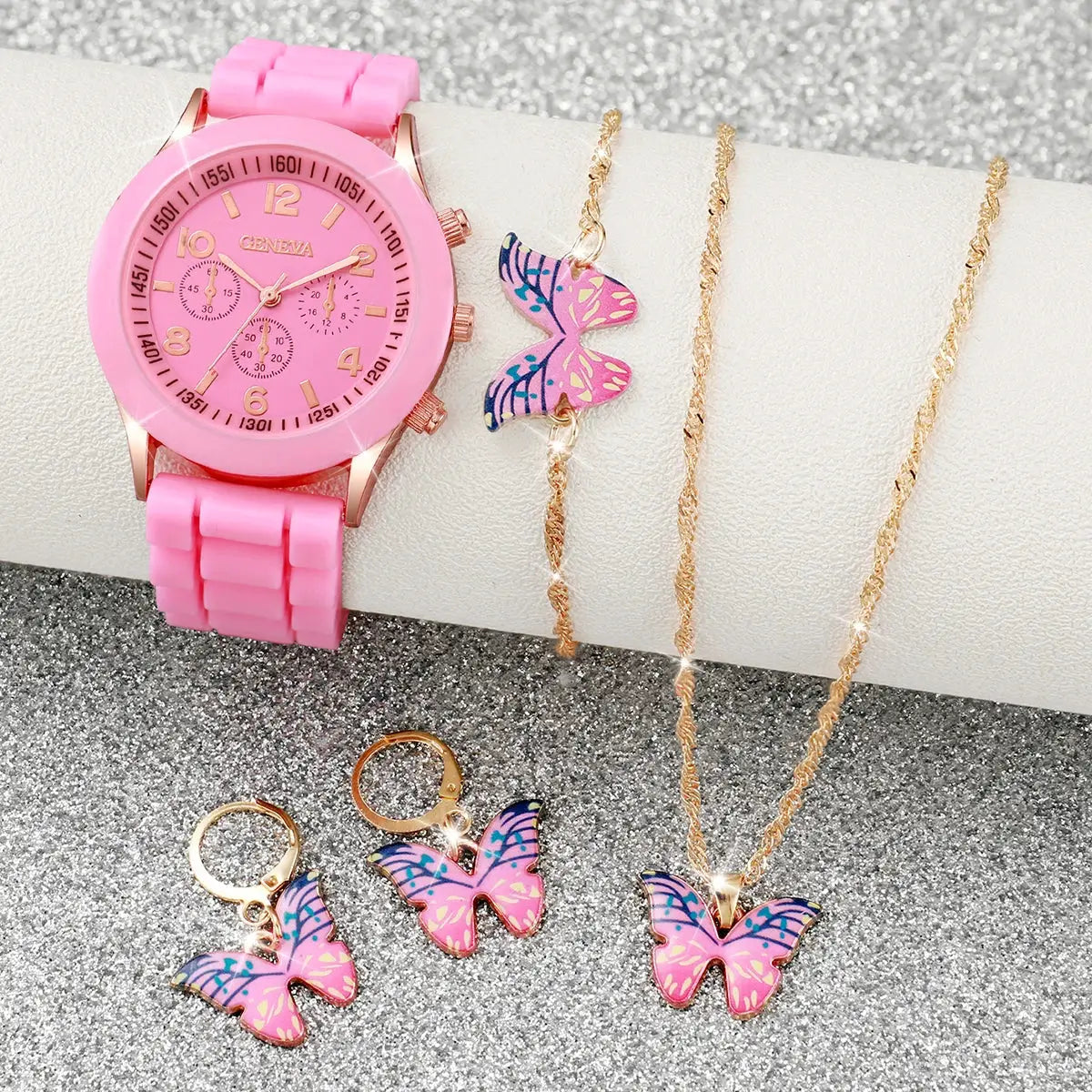 Pink silicone women's watch with rose-gold bezel; 5–6pc butterfly jewelry set with necklace and earrings