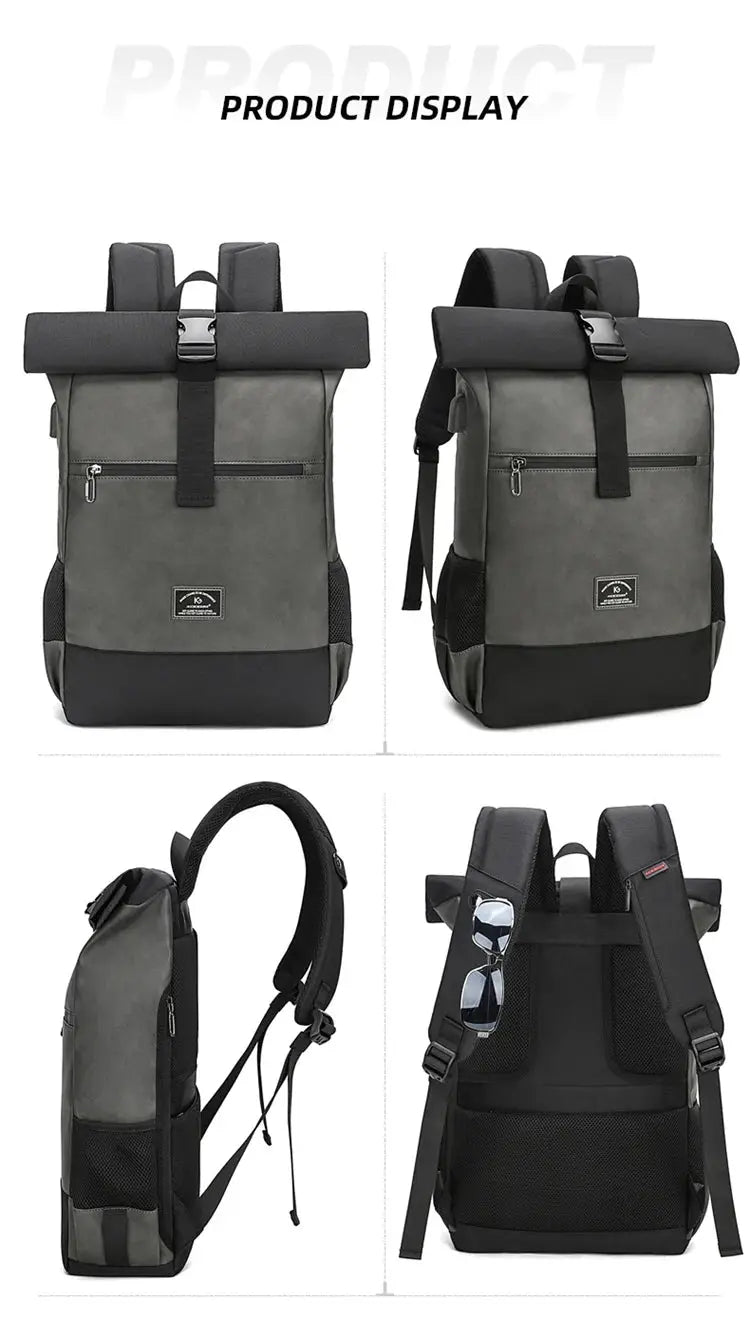 Waterproof PU leather roll-top backpack by Simples Market; gray/black with front zip pocket