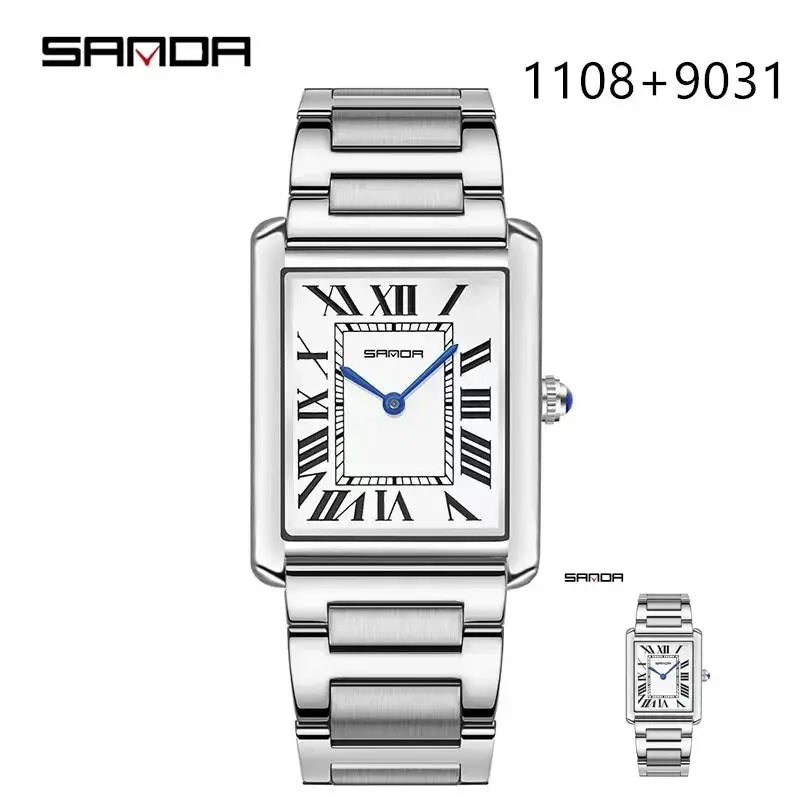 SANDA 9031/1108 luxury stainless steel rectangular quartz watch, waterproof, blue hands, Roman numerals, metal bracelet.