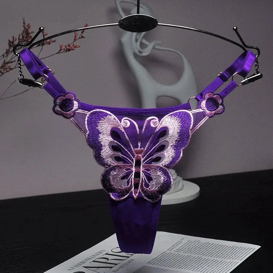 Butterfly lace thong, purple sheer mesh with embroidered butterfly motif, low-waist G-string by Simples Market