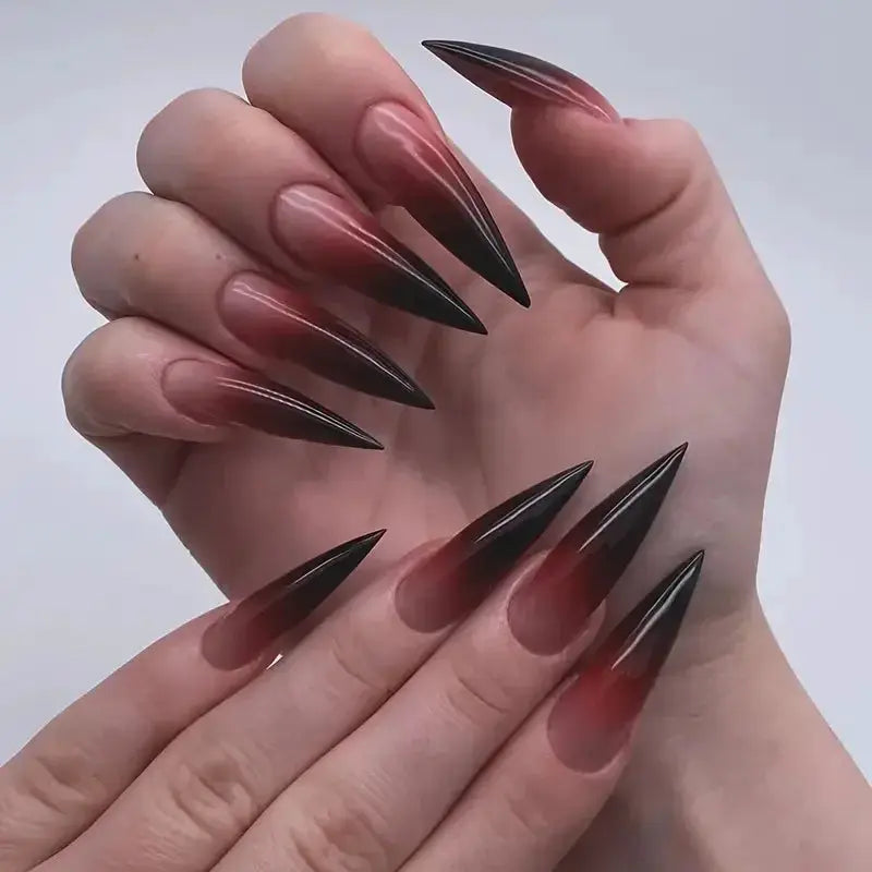 GlamNail Co 24pcs Glossy Black Press On Nails Set Long Stiletto Tips With Quick Application And Easy Removal