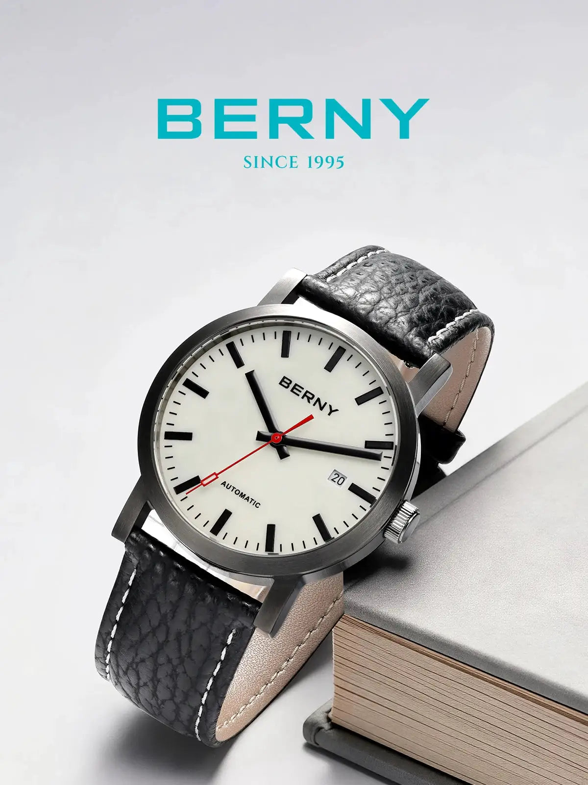 BERNY Watch for Men with white dial, black leather strap, automatic movement