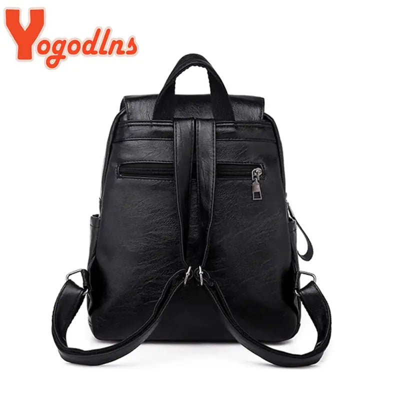 Yogodlns black PU leather backpack with double zippers, top handle and adjustable shoulder straps