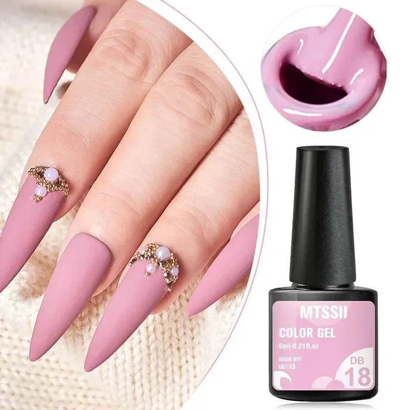 MTSSII 12-piece gel nail polish set; nude pink matte nails with pearl-gold embellishments, pink gel bottle and pot shown