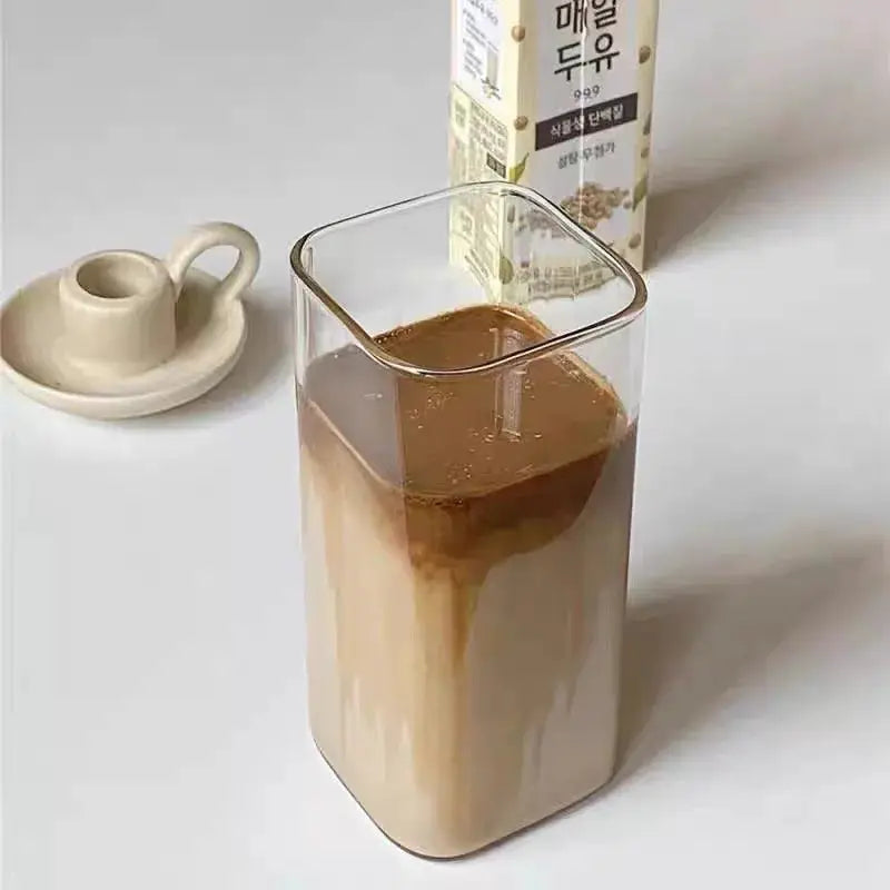 Square Heat Resistant Glass Coffee Cup With Lid And Straw Transparent Milk Tea Juice Cup For Home Bar Drinkware