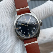 STEELFLIER SF745 unisex 36mm stainless steel watch, black dial, luminous hands, 200M water resistant, brown leather strap