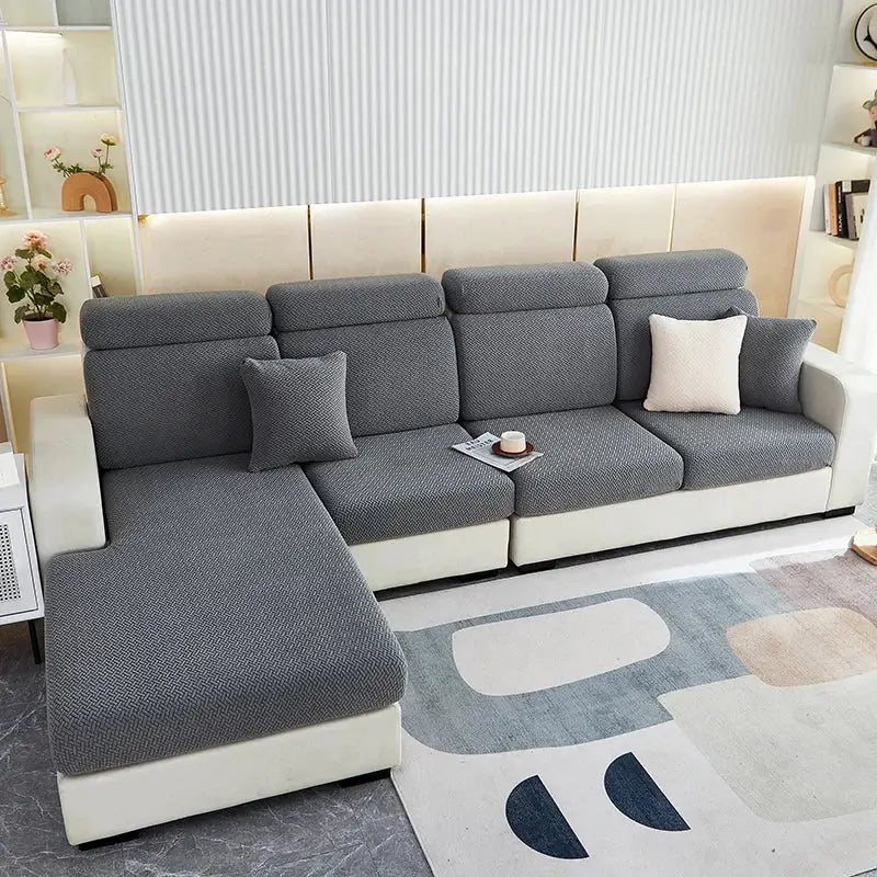 Grey jacquard sofa seat cushion covers for L-shaped sectional, stretch slipcovers, furniture protector