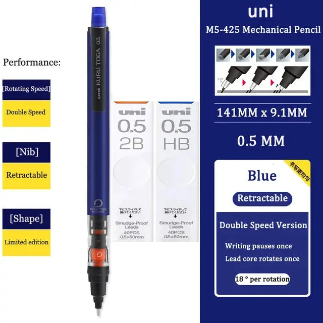 UNI KURUTOGA M5-452 blue retractable 0.5mm mechanical pencil with rotating lead; includes 2B and HB lead boxes.