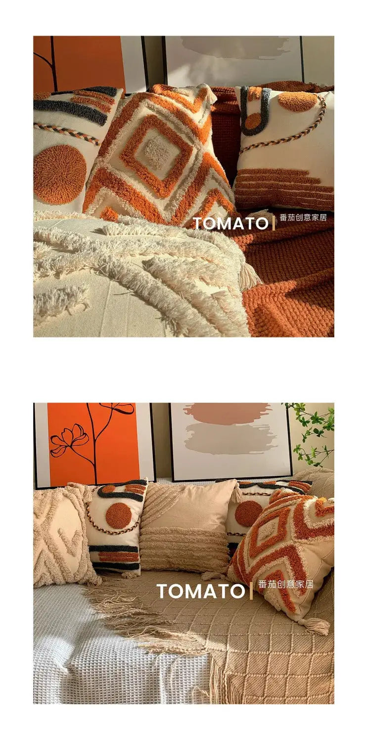 Bohemian geometric-embroidered long pillow cushion cover in orange and cream with tassels for sofa decor TOMATOI.