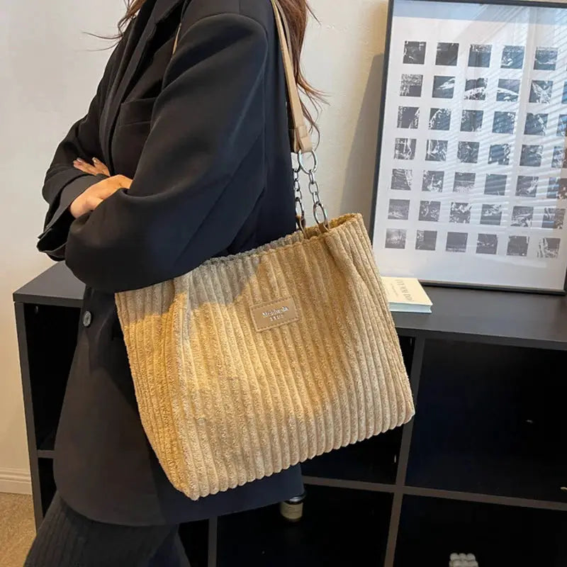 Women corduroy shoulder bag in beige with fixed strap, large-capacity Simples Market handbag