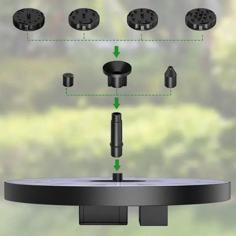 Outdoor solar fountain pump kit by Simples Market with 6 nozzles for garden ponds, black plastic components