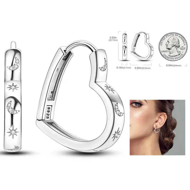 925 Silver Hoop Earrings For Women Zircon Heart Shape Star Eardrops Original Fashion Jewelry