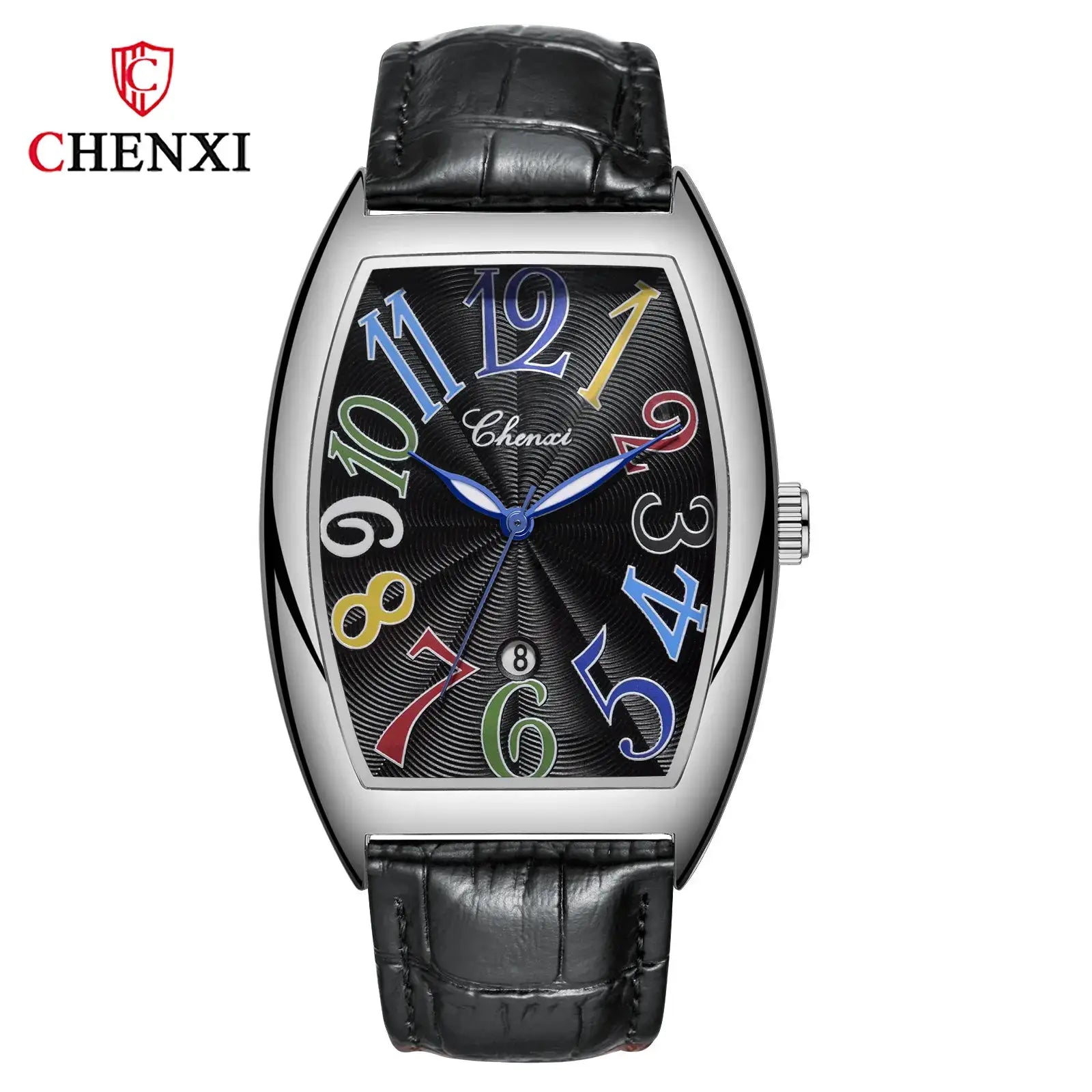 CHENXI men's wristwatch with curved glass, black leather strap, date window, colorful numerals