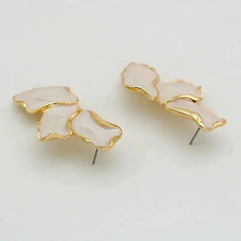 Metal Flower Cream Epoxy Stud Earrings, gold-plated irregular posts, pair for women